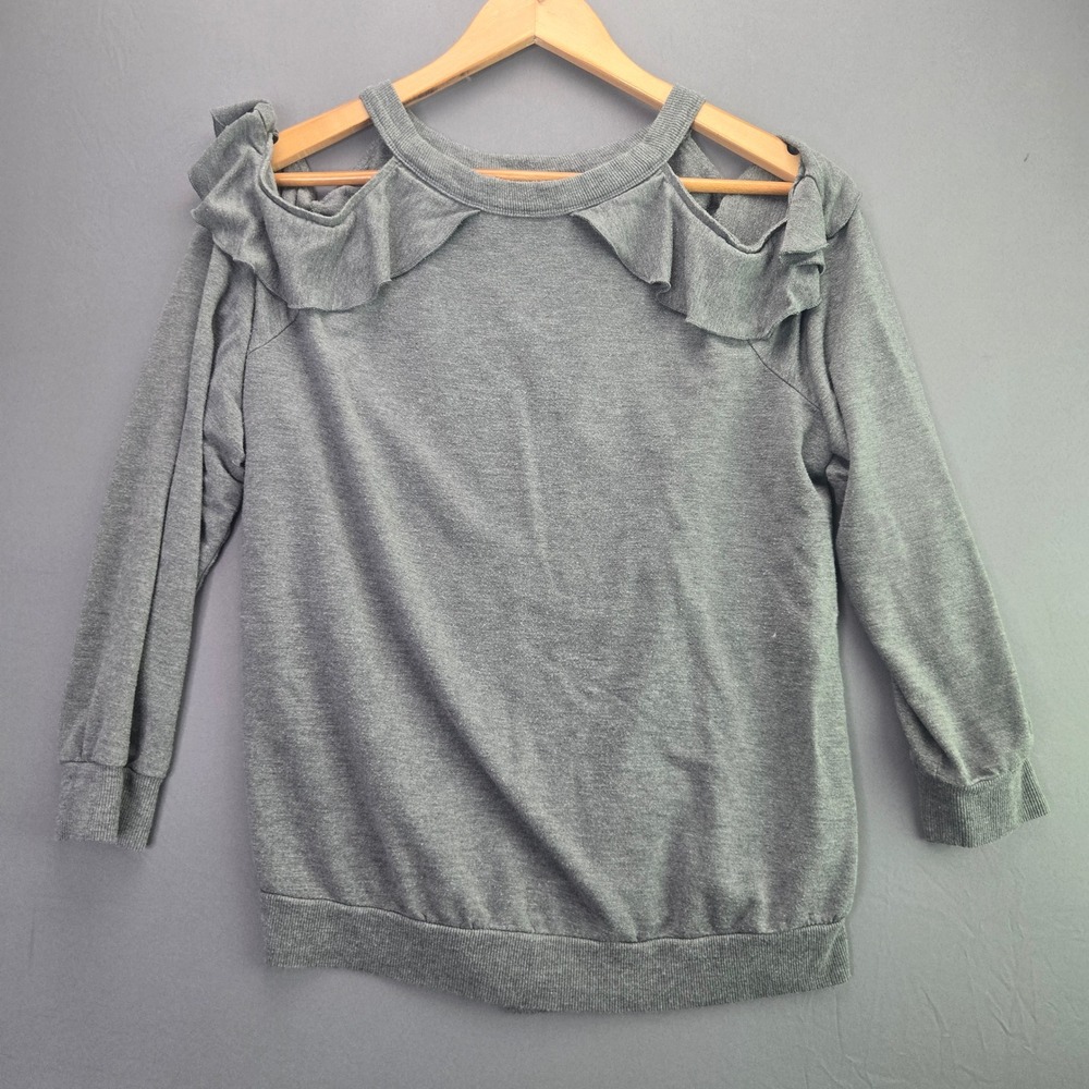 Express One Eleven Cold Shoulder Sweatshirt Ruffle Medium Gray Pullover Top